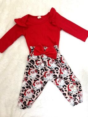 Red Ruffle Top & Santa Print Bow Baby Romper